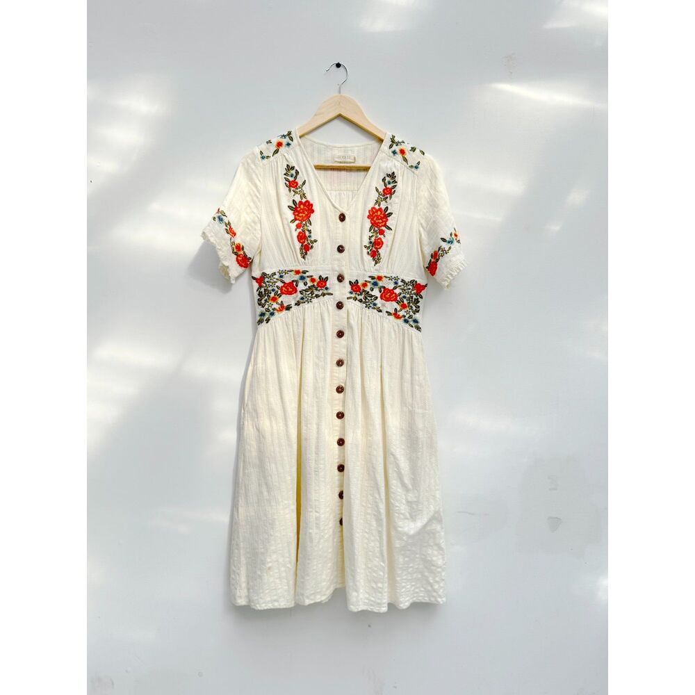 ROOLEE Ivory Embroidered Button Front Midi Dress Size M Floral Flutter Sleeve